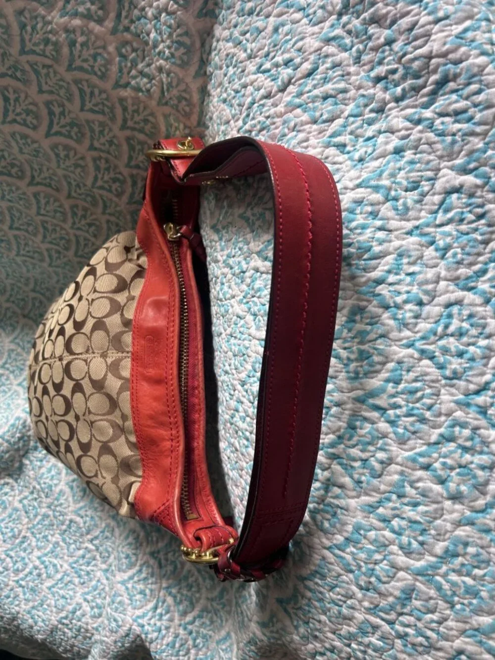 Coach Signature Duffle Hobo Shoulder Bag Khaki Canvas Red Leather Style 11437